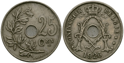 Бельгия 25 сантимов 1926 Belgie KM 69 медно-никель 4165-912