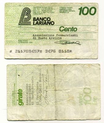 Италия чек на 100 лир 1976 Banco Lariano, ассоциация торговцев busto arsizio, 10 ноября 1976 бумага 8588-15-3-1