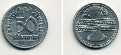 ГЕРМАНИЯ 50 ПФЕННИГОВ 1920 D KM 27, J. 301 алюминий 41-755