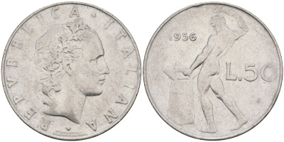 Италия 50 лир 1956 R, бог огня Вулкан у наковальни KM 95.1 нержавеющая сталь 4171-1021