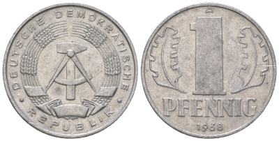 ГДР 1 пфенниг 1968 А КМ 8.1 алюминий 3458-315