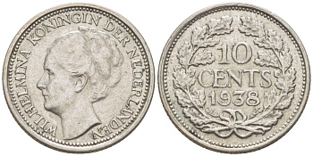 Нидерланды 10 центов 1938 Вильгельмина I (1890-1948) KM 163 серебро 4181-1232