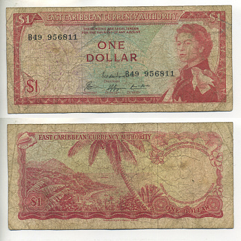 Восточно-Карибские штаты 1 доллар 1965 Британская администрация, серия В 49, подпись 8 Pick 13e бумага 7552-39-4