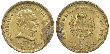 Уругвай 10 песо 1965 KM 48 алюминиевая бронза 88-1145