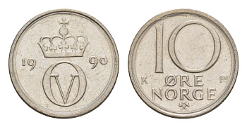 Норвегия 10 эре 1990 Улаф V (1957-1991) KM 416 медно-никель 4632-1215
