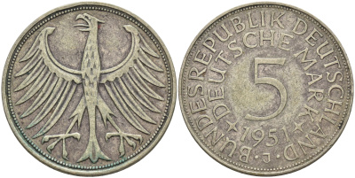 ФРГ 5 марок 1951 J (Гамбург), J. 387, KM 112.1 серебро  115-1226