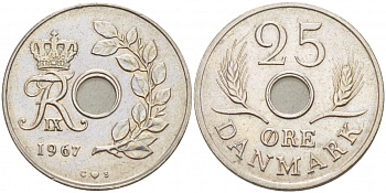 ДАНИЯ 25 ЭРЕ 1967 С; S, ФРЕДЕРИК IX (1947-1972) KM 855.1 медно-никель 3996-931
