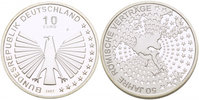 ФРГ 10 евро 2007 F, 50 лет Римскому договору KM 264, DE.S. 10.30 серебро PROOF 01-093-34