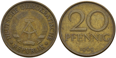ГДР 20 пфеннигов 1969 A, первый год KM 11 латунь 92-731