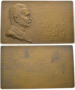 Австрия плакетка 1904 Центральная ассоциация промышленников Австрии, в честь ее президента и первого почетного члена Ю. фон Кинка, 174,44 гр., 59,9х101,0 мм  бронза    4-5-4-18