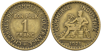 Франция 1 франк 1921 KM 876, Le Franc 218.5 алюминиевая бронза 4142-557
