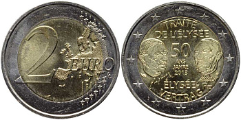 Франция 2 евро 2013 50 лет подписания "Елисейского договора" KM 2094 биметалл UNC 115-1231