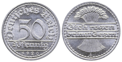 ГЕРМАНИЯ 50 ПФЕННИГОВ 1920 А KM 27, J. 301 алюминий 4380-545