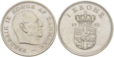 ДАНИЯ 1 КРОНА 1965 C;S, ФРЕДЕРИК IX (1947-1972) KM 851.1 медно-никель 202-812