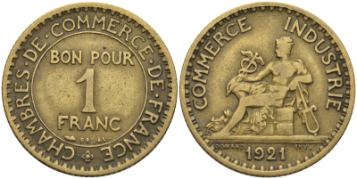 Франция 1 франк 1921 KM 876, Le Franc 218.5 алюминиевая бронза 4142-557