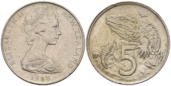 Новая Зеландия 5 центов 1980 ящерица гаттерия, Елизавета II (1952-) KM 34.1 медно-никель    4602-664