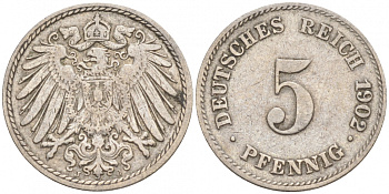 ГЕРМАНИЯ 5 ПФЕННИГОВ 1902 J, KM 11, J. 12 медно-никель 73-1533