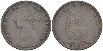 Великобритания 1 фартинг 1867 Виктория (1837-1901) KM 747.2, Spink 3958 бронза 63-244