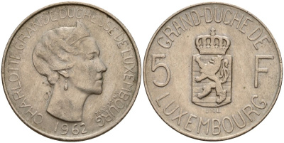Люксембург 5 франков 1962 Великая герцогиня Шарлотта (1919-1964) KM 51 медно-никель 4150-926