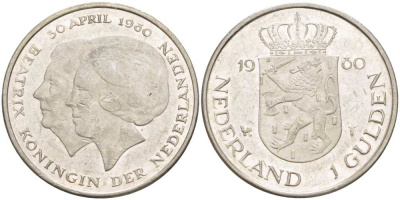 Нидерланды 1 гульден 1980 на коронацию Беатрикс, 30 апреля 1980 KM 200 никель 210-1232