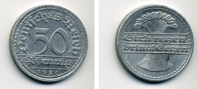 ГЕРМАНИЯ 50 ПФЕННИГОВ 1920 A KM 27, J. 301 алюминий 57-341