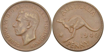Австралия 1 пенни 1940 KG, Георг VI (1936-1952), кенгуру KM 36 бронза 4512-1124