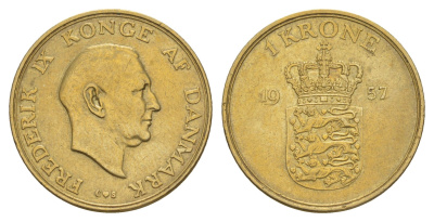Дания 1 крона 1957 C, Фредерик IX (1947-1972) KM 837 алюминиевая бронза 4657-353