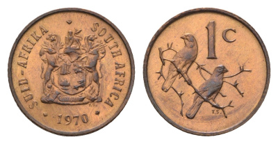 ЮАР 1 цент 1970 герб, капские воробьи KM 82 бронза UNC 4687-112