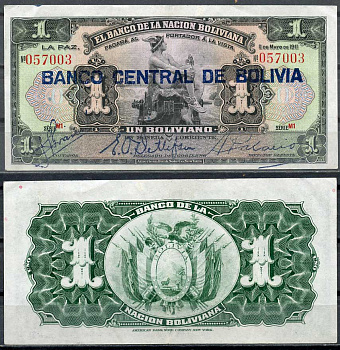 Боливия 1 боливиано 1911 (1929) надпечатка на Pick 103, серия M1, Меркурий Pick 112 (1)  бумага   7217-61-2-1