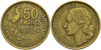 Франция 50 франков 1952 B, петух KM 918.1, Le Franc 425.5 алюминиевая бронза 4150-847