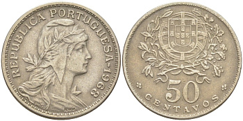 Португалия 50 сентаво 1968 голова Свободы вправо KM 577 медно-никель 219-911