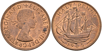 Великобритания 1/2 пенни 1965 Елизавета II (1952-2022) KM 896, Spink 4158 бронза 4561-944