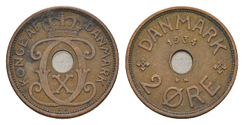 Дания 2 эре 1934 N, Кристиан X (1912-1947) KM 827 бронза 4639-748