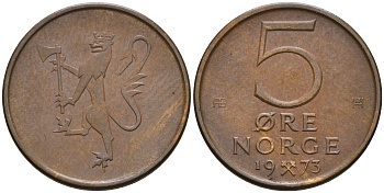 Норвегия 5 эре 1973 Улаф V (1958-1991) ​KM 415 бронза 4608-343
