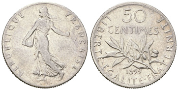 Франция 50 сантимов 1899 KM 854 серебро 4617-751