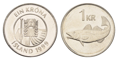 Исландия 1 крона 1999 треска KM 27a сталь плакированная никелем UNC 4687-845