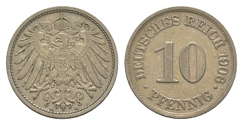 Германия 10 пфеннигов 1906 A, Вильгельм II (1888-1918) KM 12, J. 13 медно-никель 4644-1159