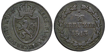 Нассау 1/2 крейцера 1813 Фридрих Вильгельм (1788-1816) KM 33 медь    188-452