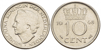 Нидерланды 10 центов 1948 Вильгельмина (1895-1948) KM 177 никель 4547-823