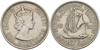 Британские Восточно-Карибские территории 25 центов 1955 Елизавета II (1952-2022), парусник KM 6 медно-никель 67-617