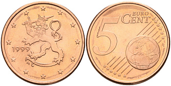 Финляндия 5 евроцентов 1999 KM 100 сталь плакированная медью UNC M50-20