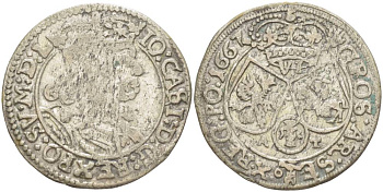 Польша 6 грошей (шостак) 1667 A-T, Ян II Казимир (1648-1668), вес 3,24 гр., легенда (IO CASI) KM 121, Kopinski 136.9a серебро 1517-923