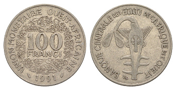 Западная Африка (BCEAO) 100 франков 1991 Центральный банк государств Западной Африки KM 4 никель 4642-336