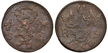 Швеция 1/6 эре 1667 S.m. Карл XI (1660-1697) KM 254 медь 4177-414