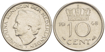 Нидерланды 10 центов 1948 Вильгельмина (1895-1948) KM 177 никель 4547-823