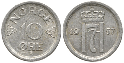 НОРВЕГИЯ 10 ЭРЕ 1957 ХОКОН VII (1905-1957) KM 396 медно-никель 100-1213