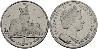 Остров Мэн 1 крона 2014 кошка сноу-шу с котятами KM 1558 медно-никель UNC 00-00