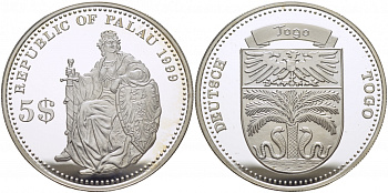 Палау 5 долларов 1999 немецкие колонии, Того KM 24 серебро PROOF 1077-9-61