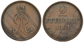 Брауншвейг-Каленберг-Ганновер 2 пфеннига 1861 B, Георг V (1851-1866) KM 234,aKS 153, J. 91 медь 4142-343