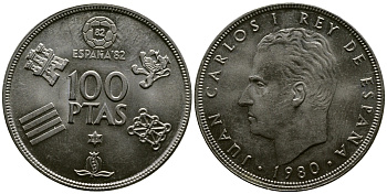 Испания 100 песет 1980 (80) чемпионат мира по футболу в Испании 1982 года, Хуан Карлос I (1975-) KM 820 медно-никель UNC 3334-114